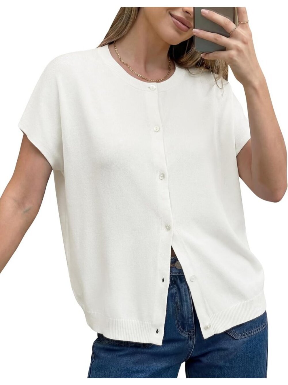 Women's Off White Short Sleeve Wool Blend Oversized Imported Casual Sweaters Top